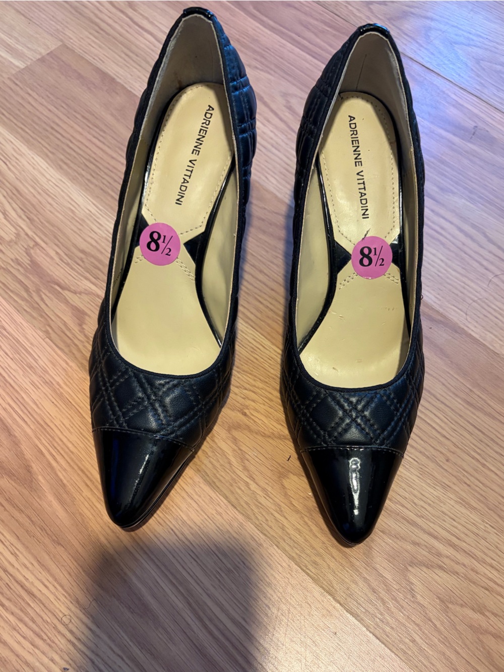 Adrienne Vittadini Black Quilted Pointed Toe Heels with Patent Cap